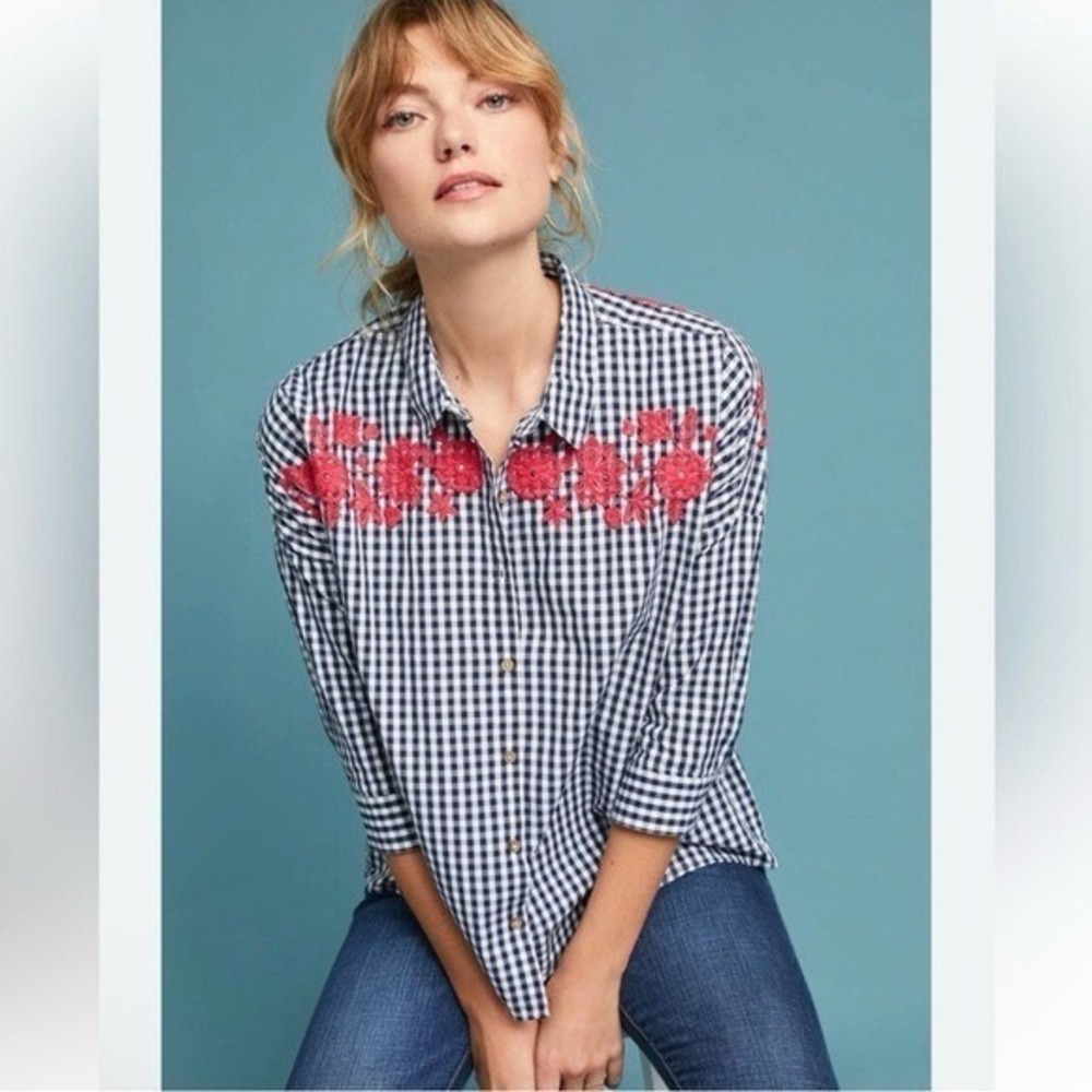 Anthropologie Gingham Embroidered Button Up Womens 2 Preppy Country Western Boho